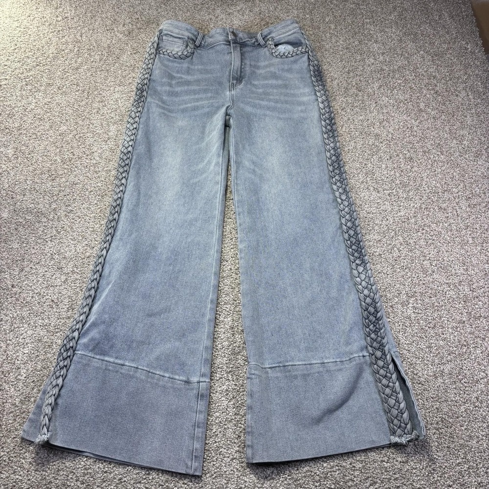 So Me Wide Leg Jeans Womens L 28 Blue Light Wash High Rise Braided Side Trim
